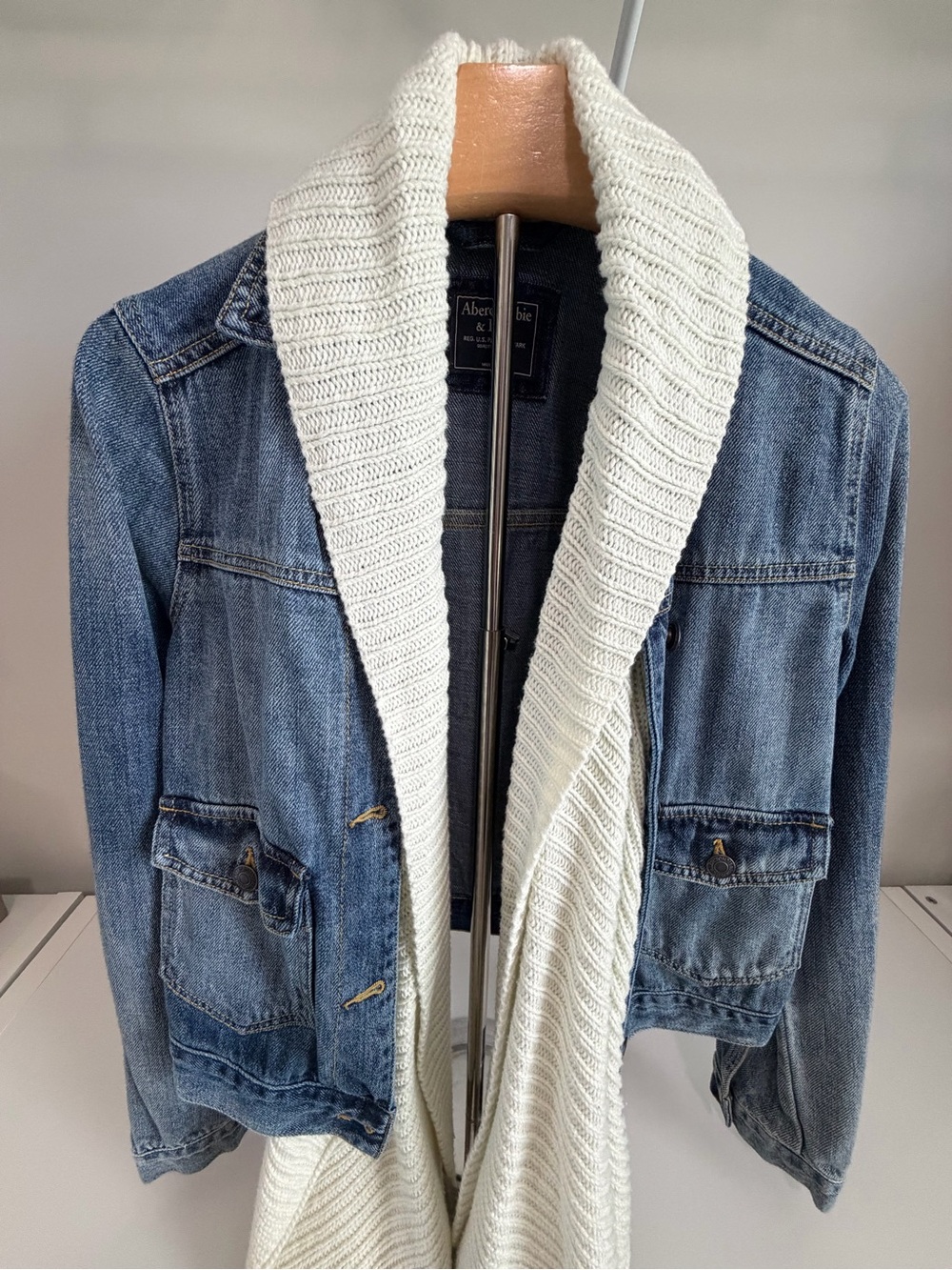 Abercrombie & Fitch Blue Denim Jacket with Cream Shawl Collar